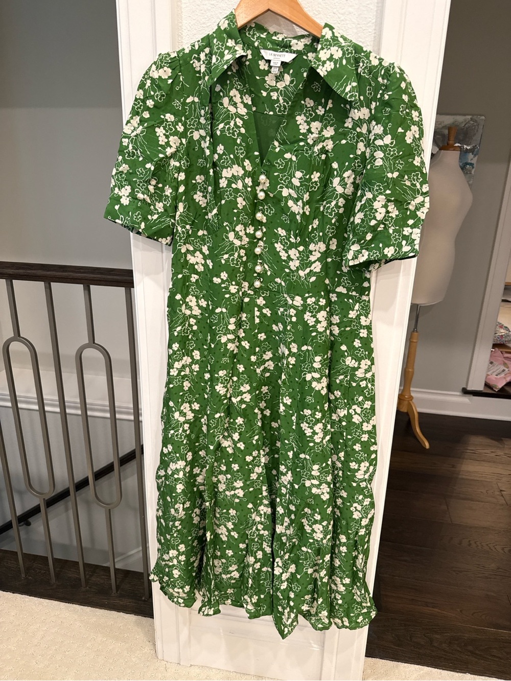 LK Bennett London Green Floral Pearl Button Midi Dress US 10 - Picture 2 of 4